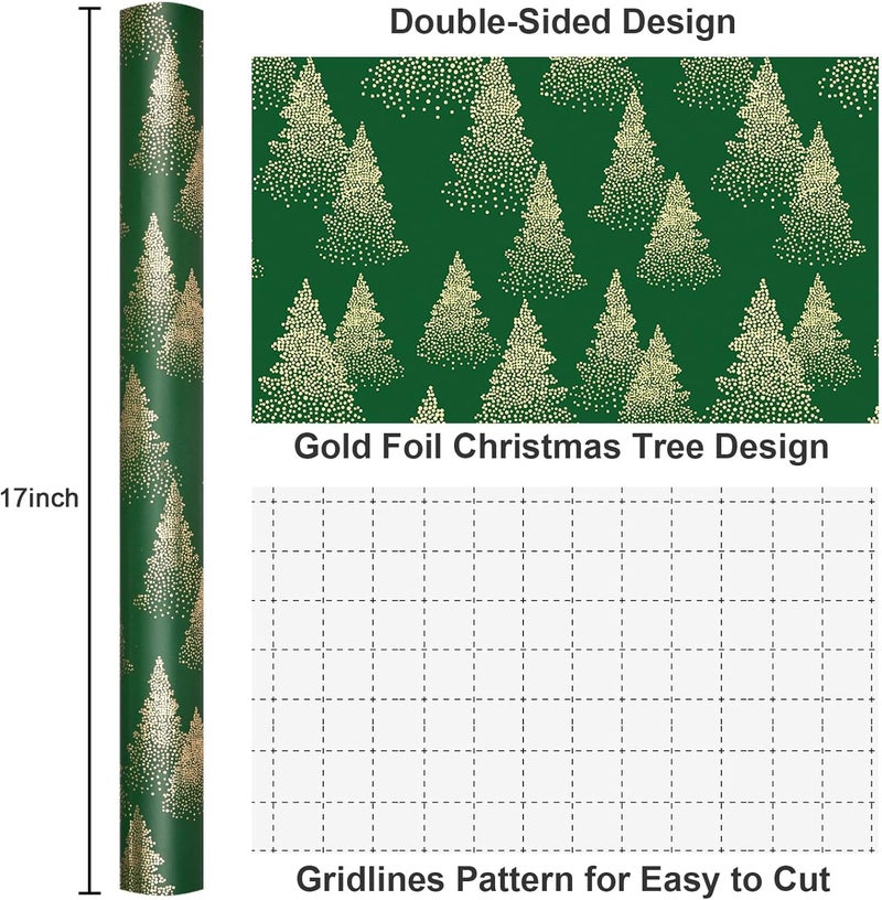 MAYPLUSS Christmas Wrapping Paper Roll, Green and Gold Tree Wrapping Paper, Gold Foil Christmas Tree Design Winter Holiday Gift Wrap Neutral for Gift Packaging, Festive Decoration (17 Inch X 33 Feet) - Image 3
